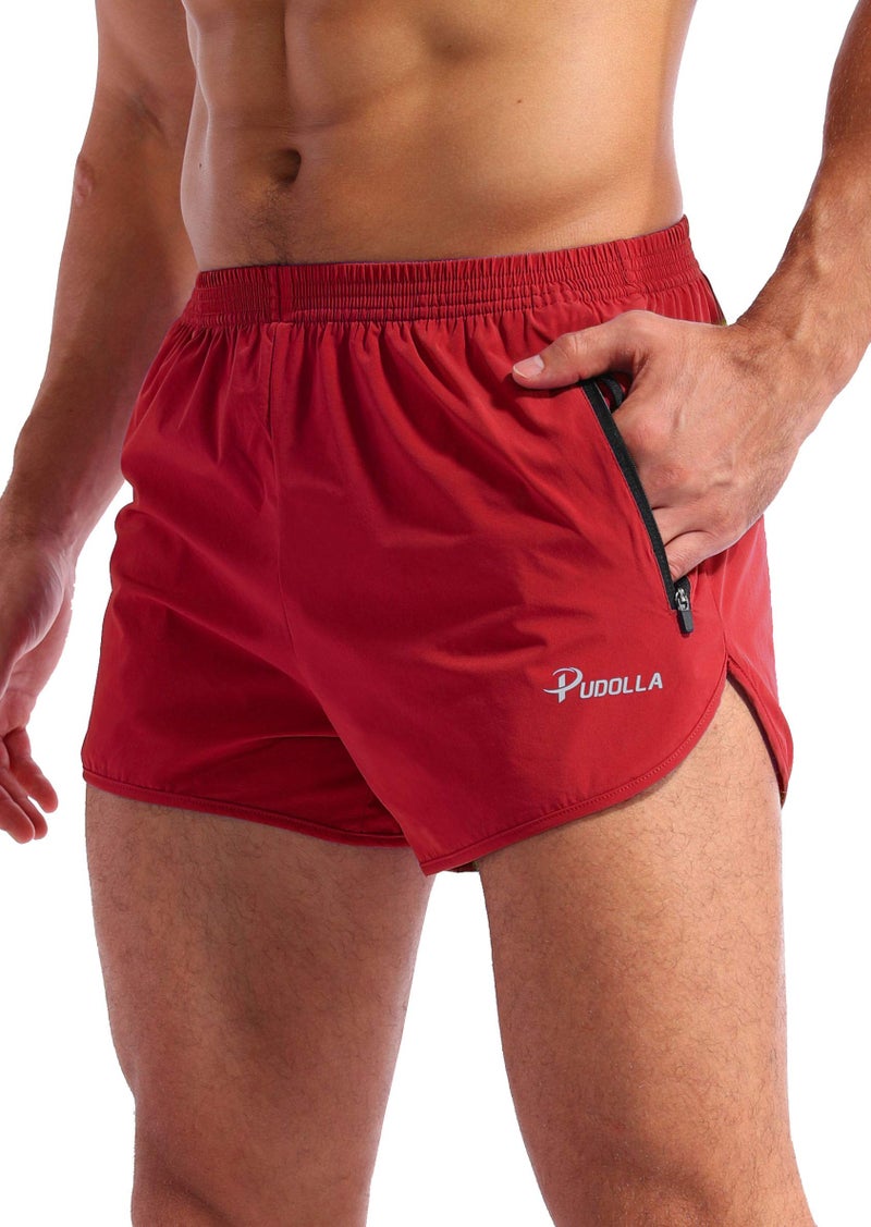 Pudolla Menâ€™s Running Shorts 3 Inch Quick Dry Gym Athletic Workout Shorts for Men with Zipper Pockets(Dark Red Small) - Image 1